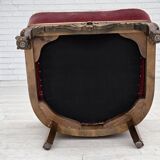 1940s, Danish armchair, woven wool, velour, mesh, carved oak wood.