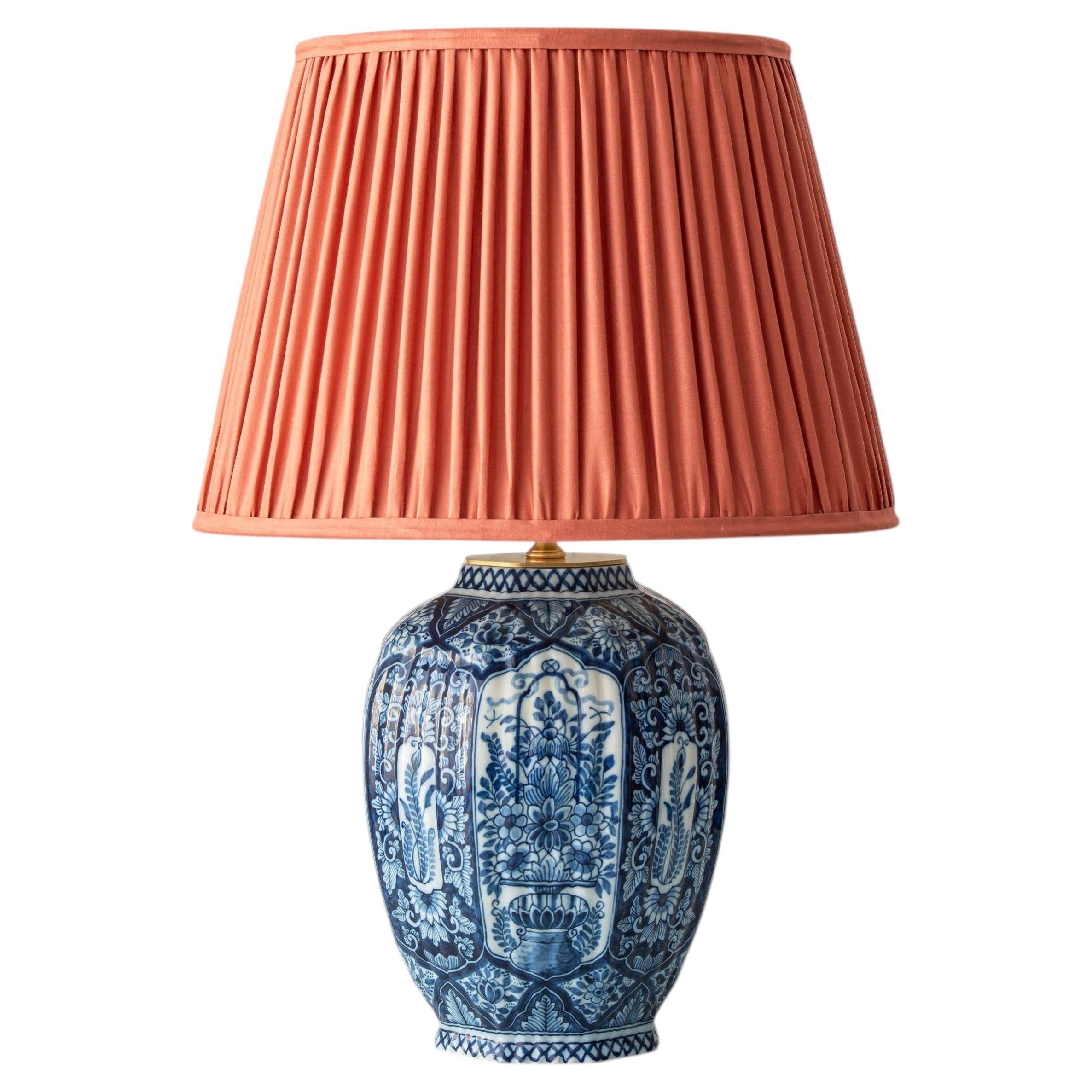 Dutch Chinoiserie Table Lamp, Blue and White Delft, by Makkum, with a New Coral Silk Shade
