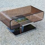 Coffee table from the 70s in chromed steel and smoked plexiglass double swivel trays