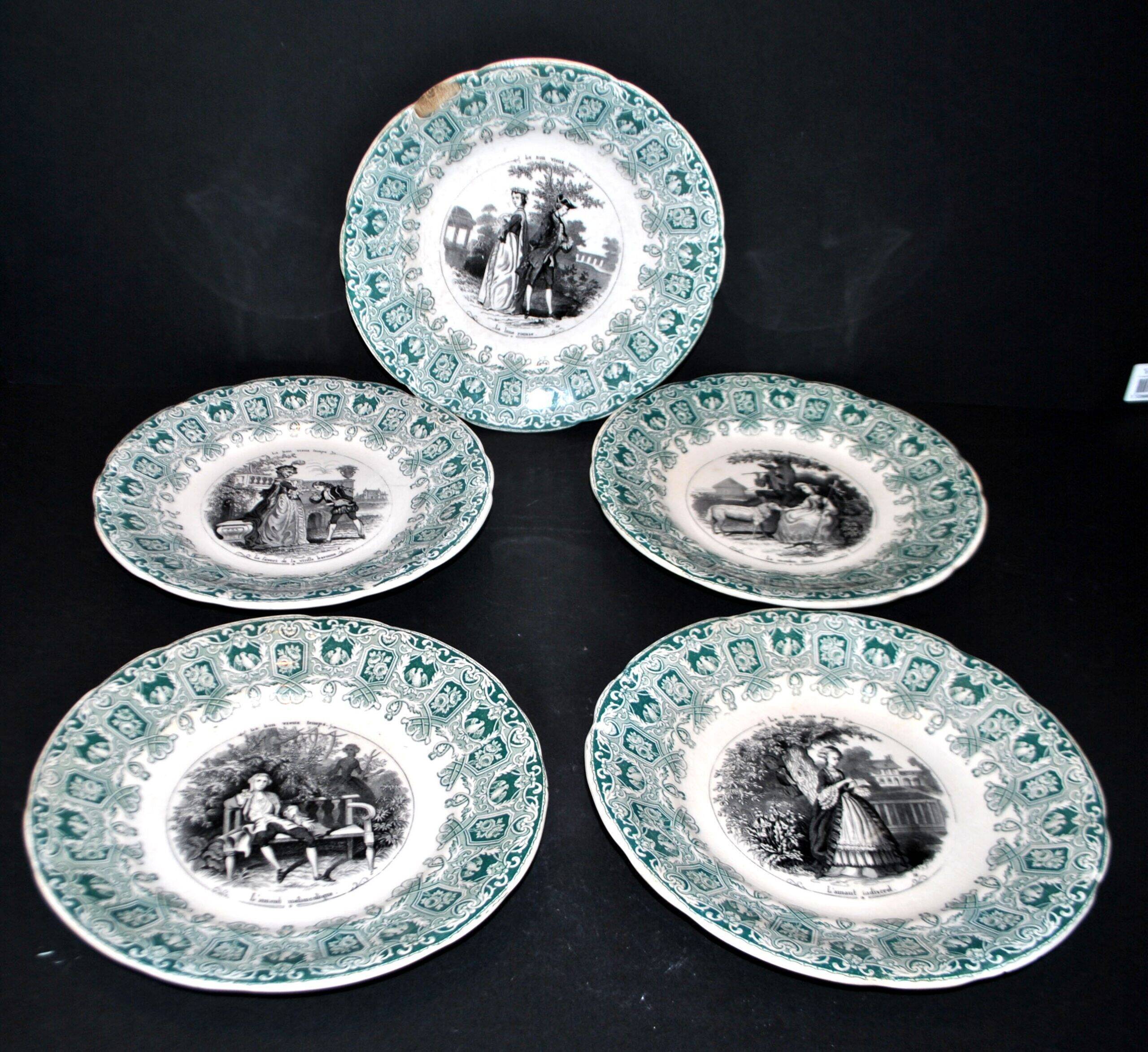 Sarreguemines set of 5 talking plates from the Bon Vieux Temps series, opaque earthenware.