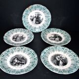 Sarreguemines set of 5 talking plates from the Bon Vieux Temps series, opaque earthenware.