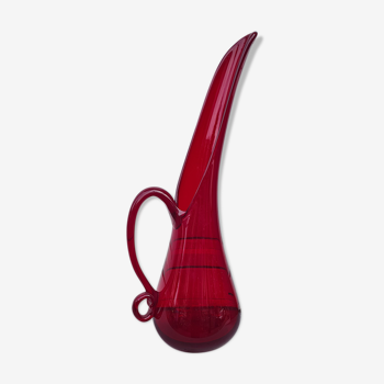 Huge ruby red blown glass decanter with handle