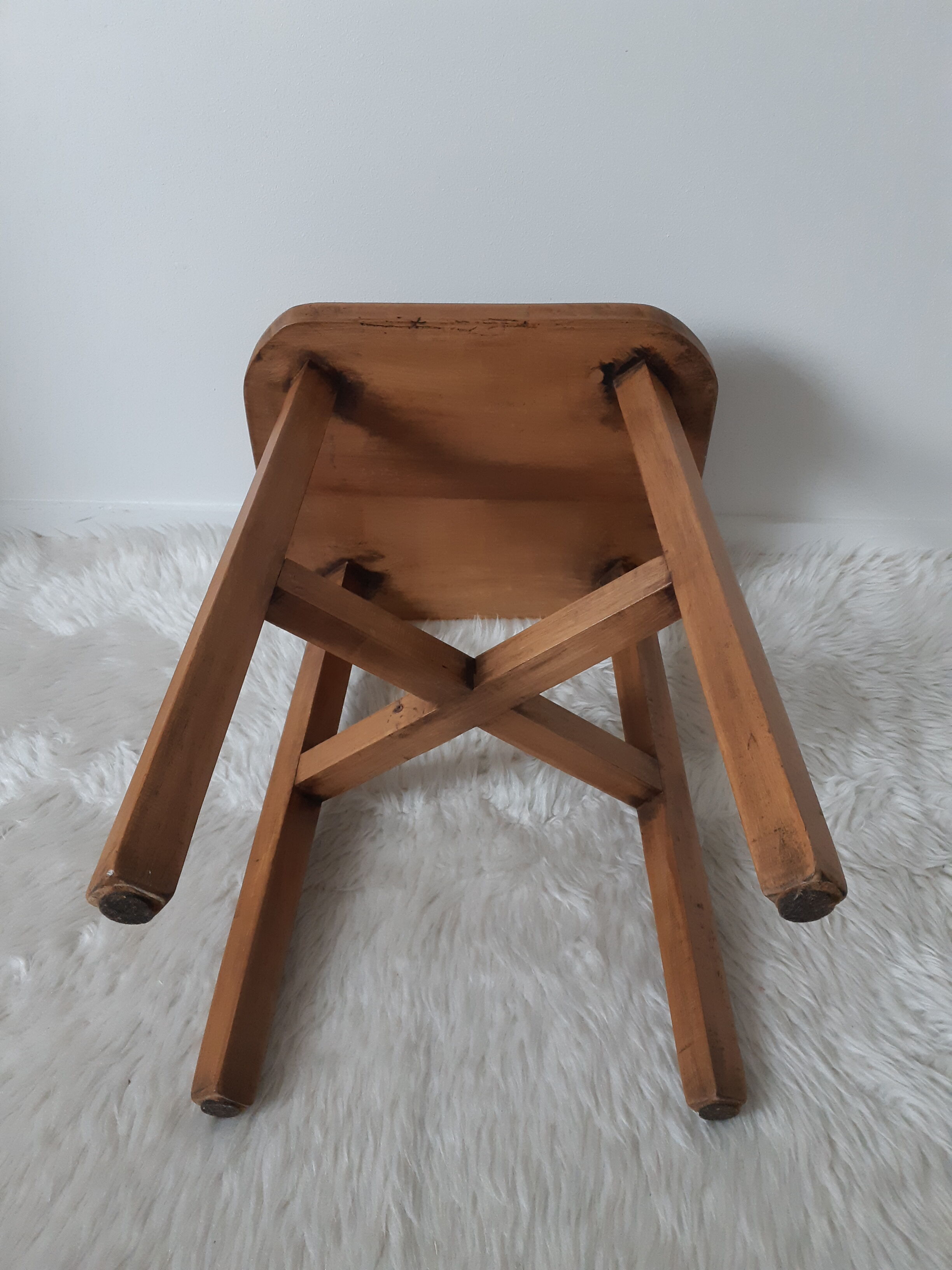 Antique waxed wood stool, side table, vintage seat, farmhouse stool