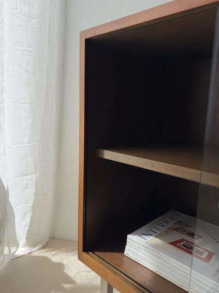 Walnut display cabinet from the 60s with smoked glass