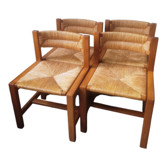Série de 4 chaises en orme et dossier paillé maison regain