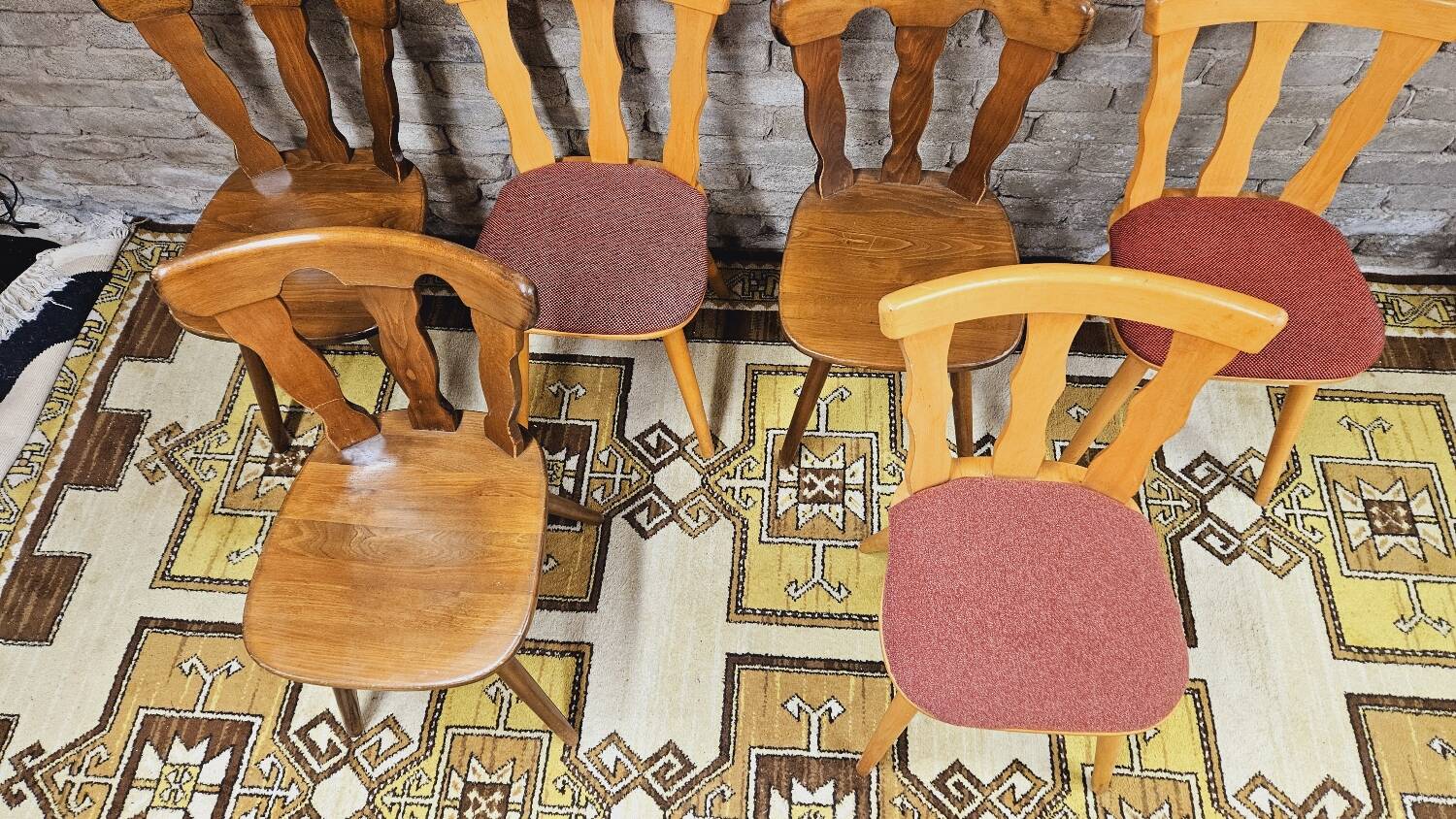 Set of 6 mismatched Baumann style bistro chairs from the 1970s