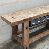 Old oak workbench console with metal drawers