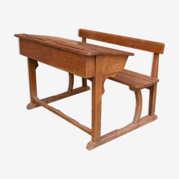 Bureau d'écolier pupitre vintage en bois massif