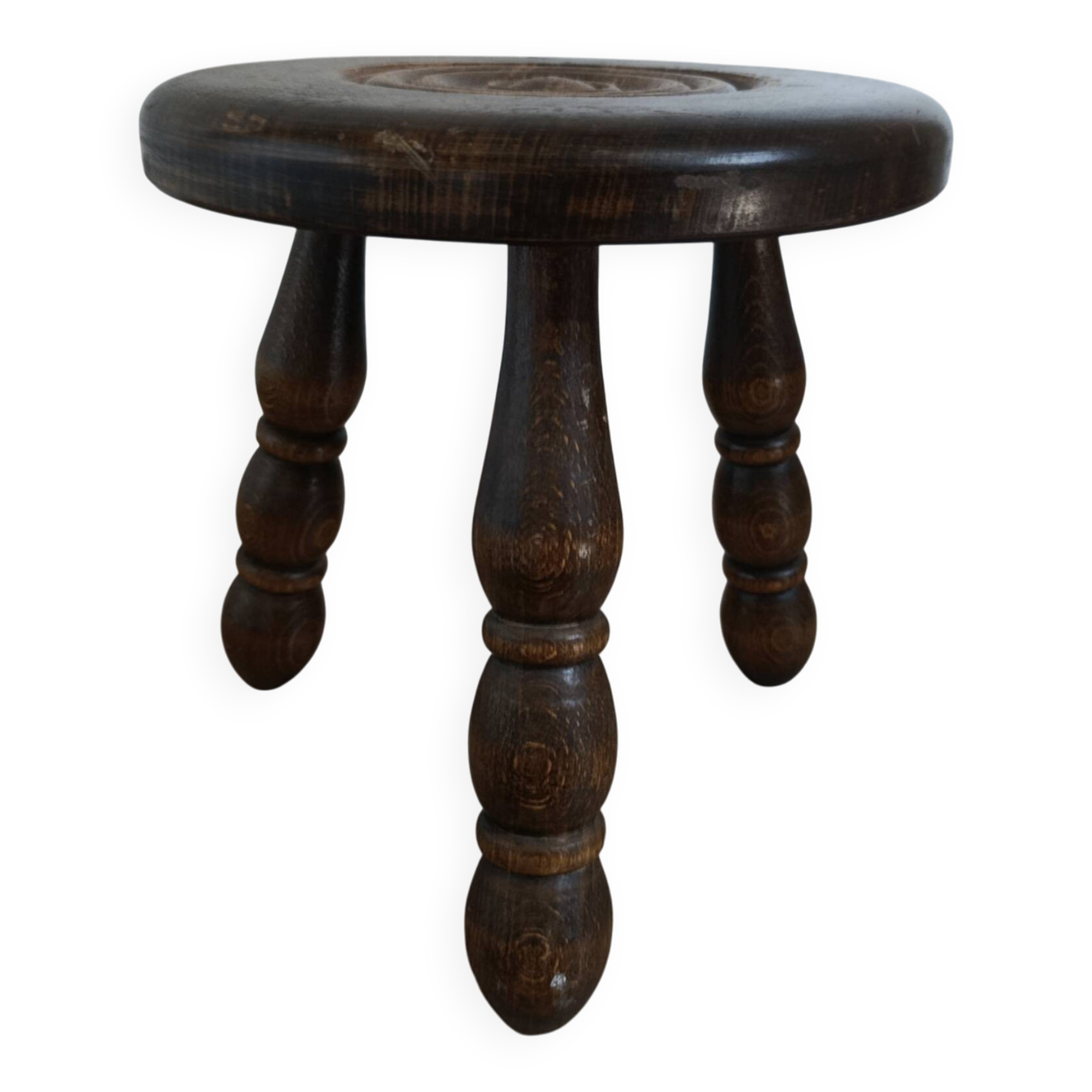 low tripod stool wood, bobbin leg, vintage