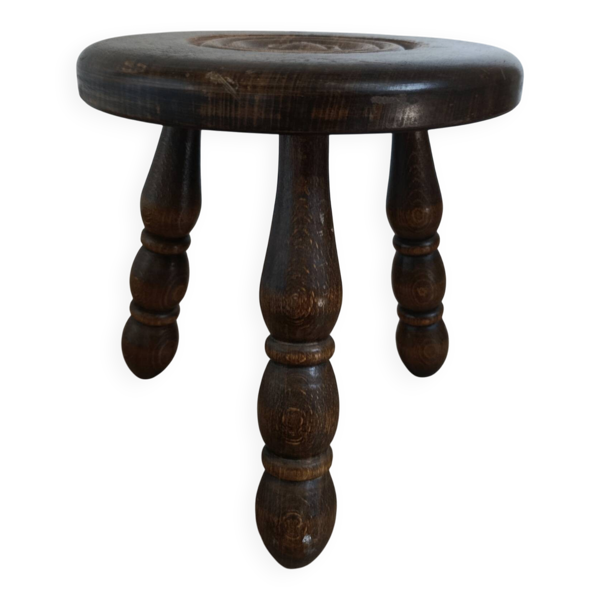 tabouret bas tripode bois, pied bobine, vintage