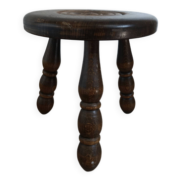 low tripod stool wood, bobbin leg, vintage
