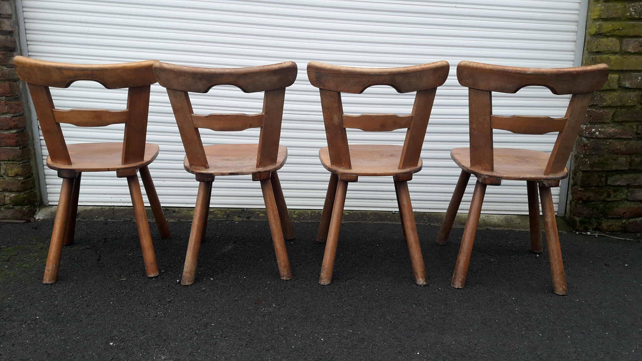 Set of 4 antique Tilburg solid wood brutalist chairs
