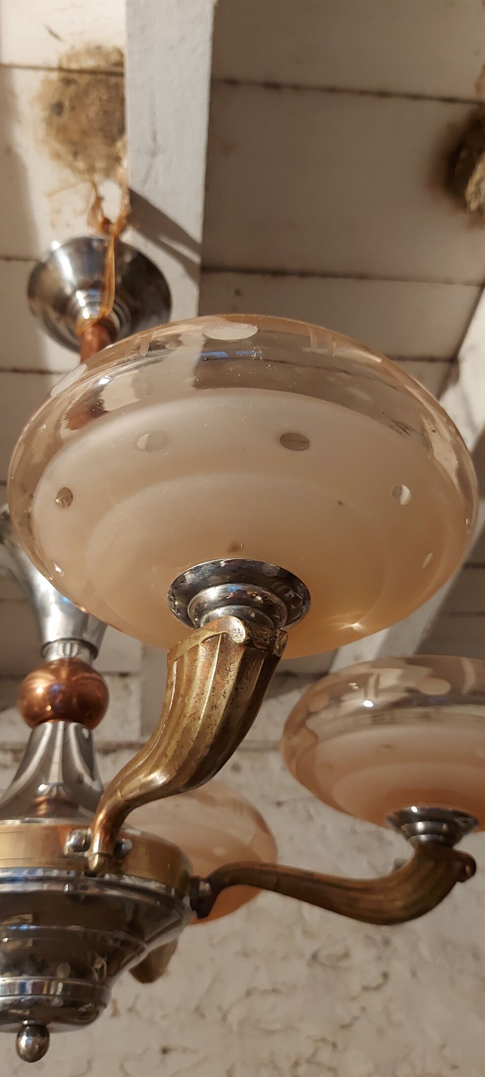 Chandelier 5 pink globes nickel, copper art deco 1950