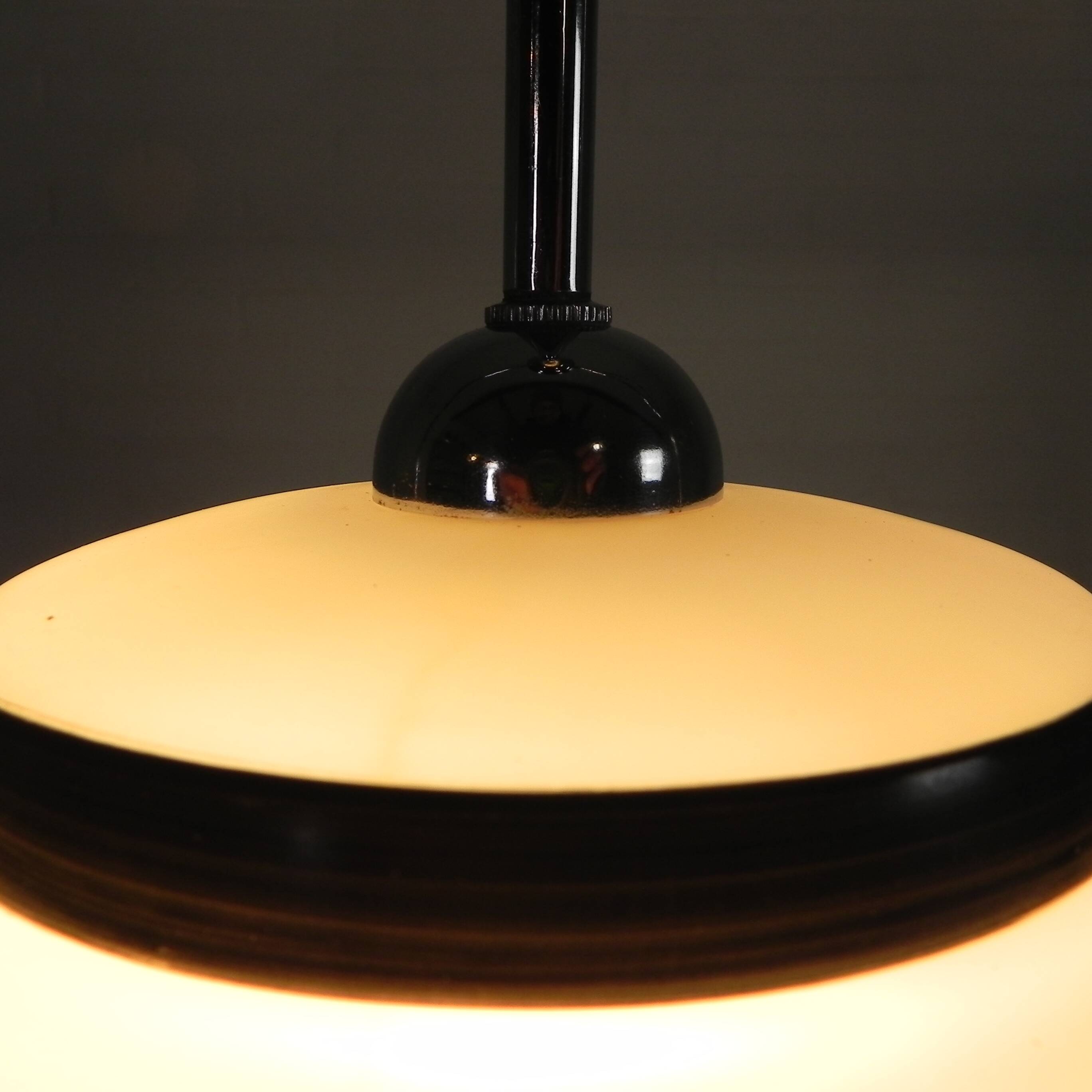 Vintage suspension with opaline lampshade and black decoration, 1950s.
