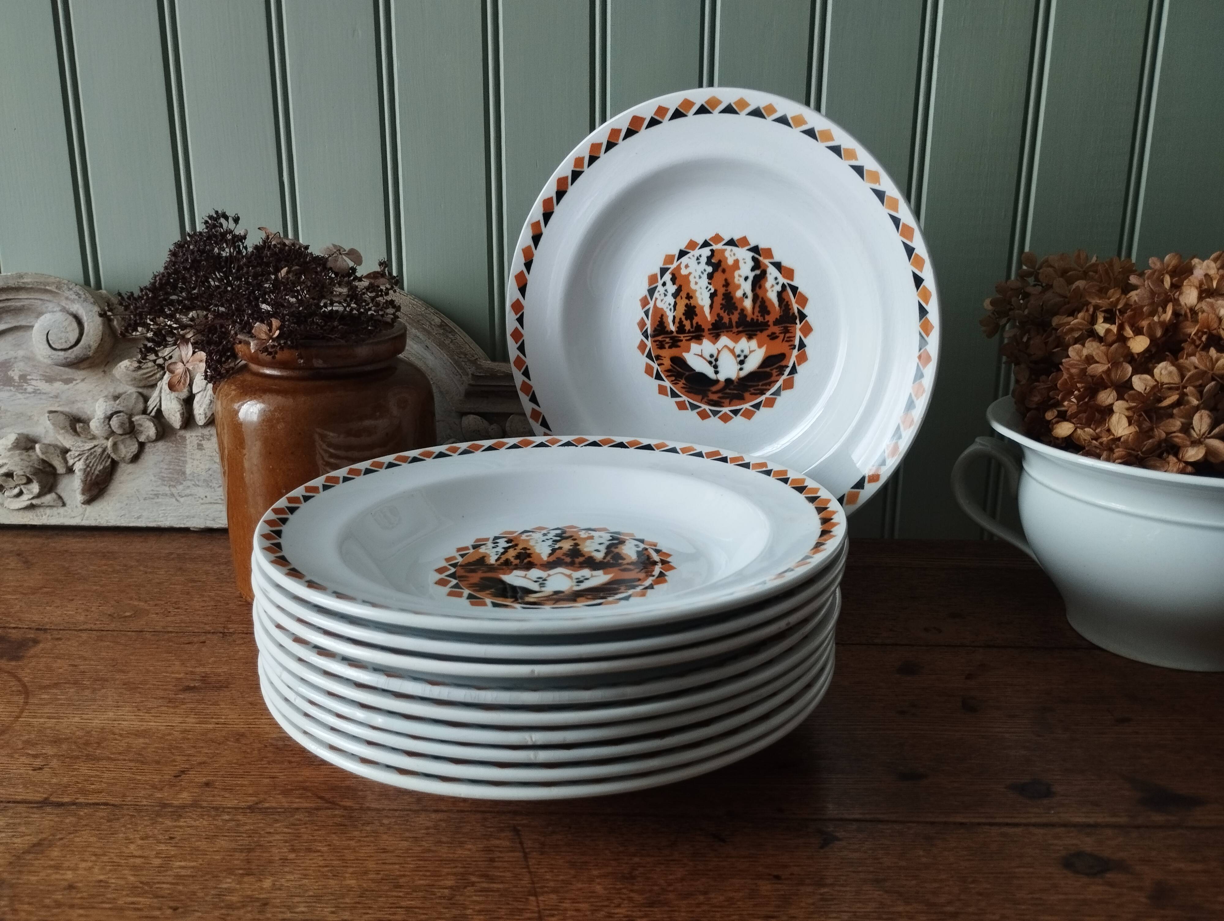 Set of 10 large ironstone plates Art Deco Saint-Amand Water Lily