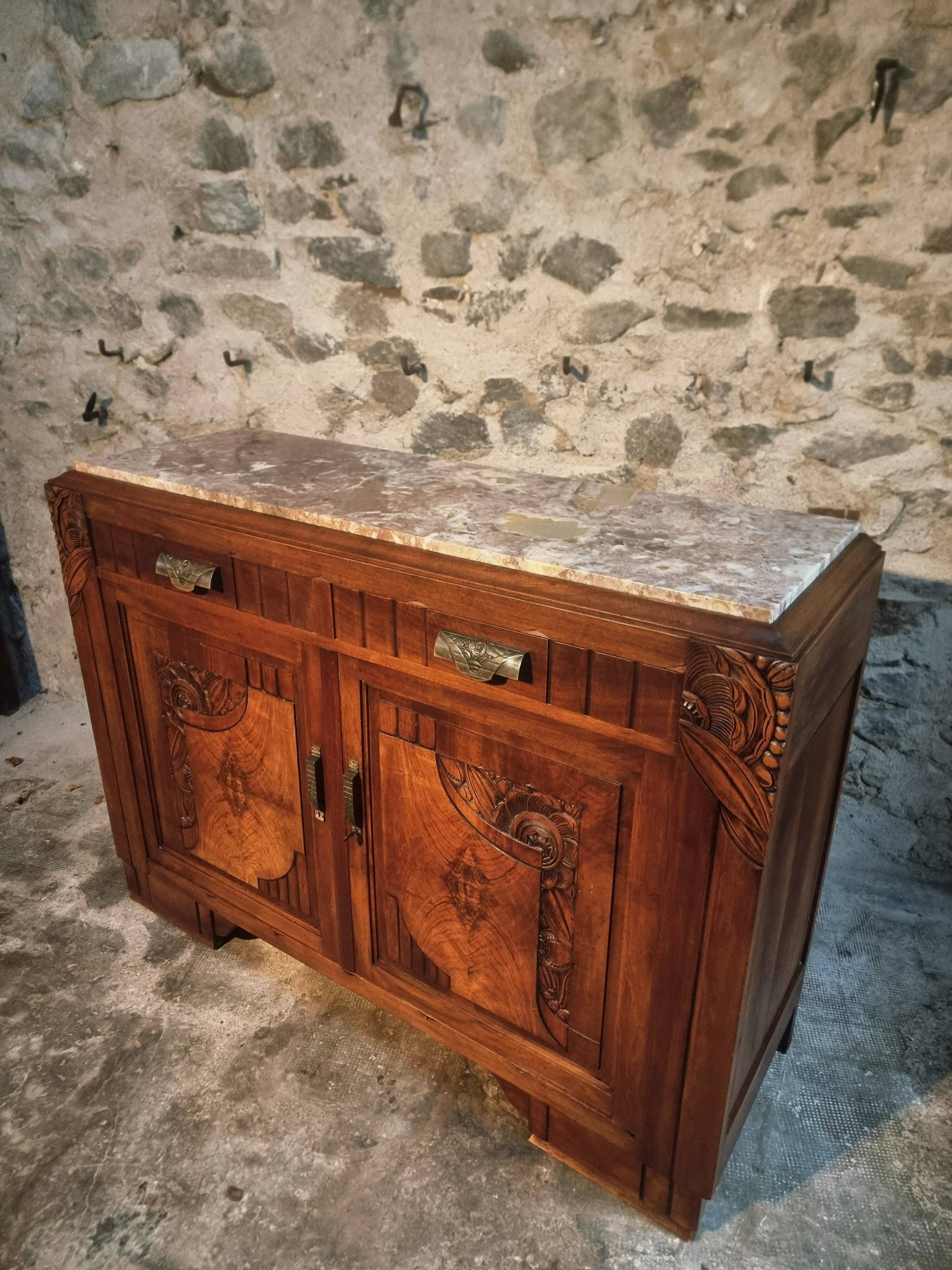 French Art Deco walnut sideboard with marble top (1930s)