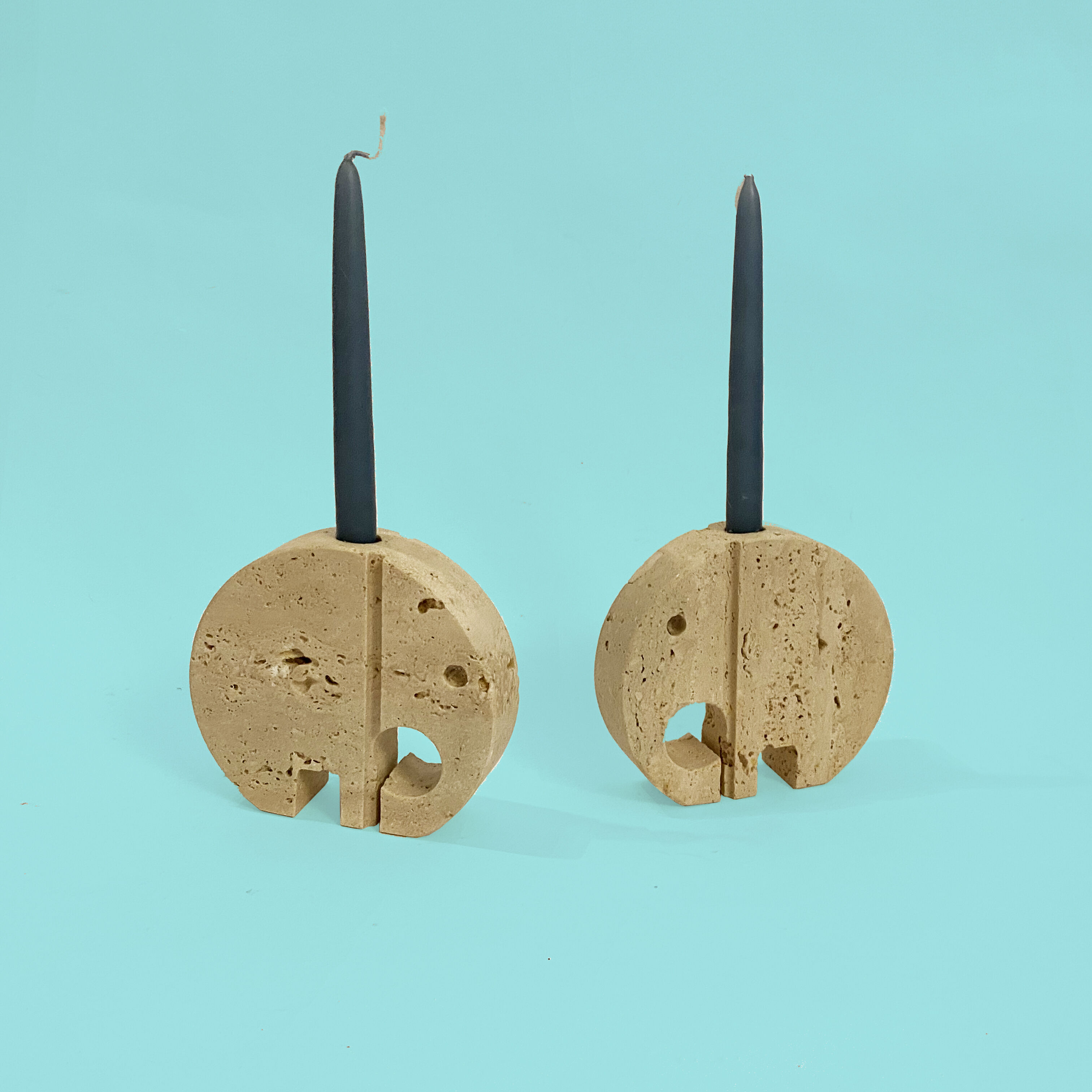Pair of travertine elephant candle holders by Enzo Mari for Fratelli Mannelli 70s