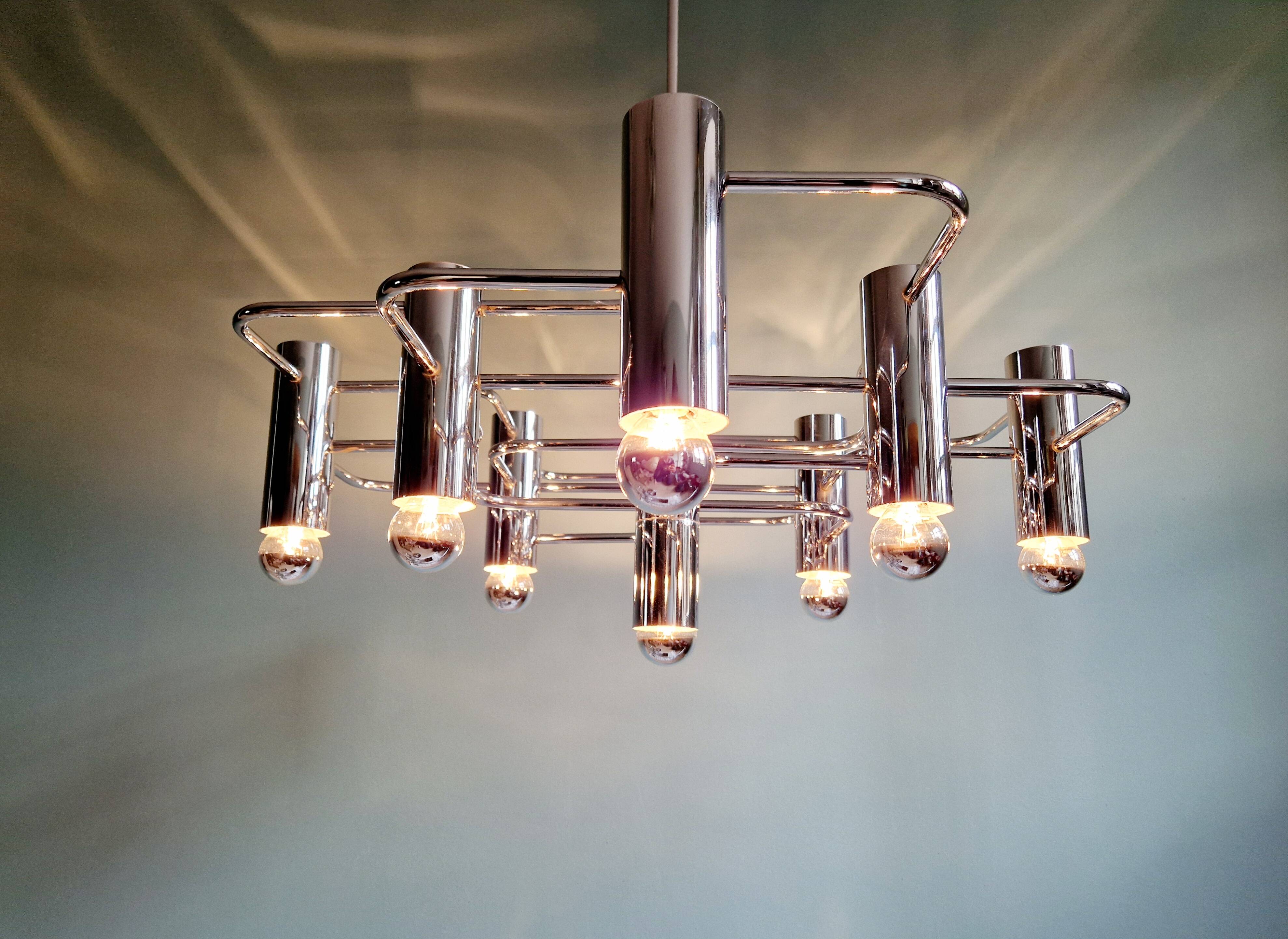 Chromed metal chandelier, design Gaetano Sciolari, 70s