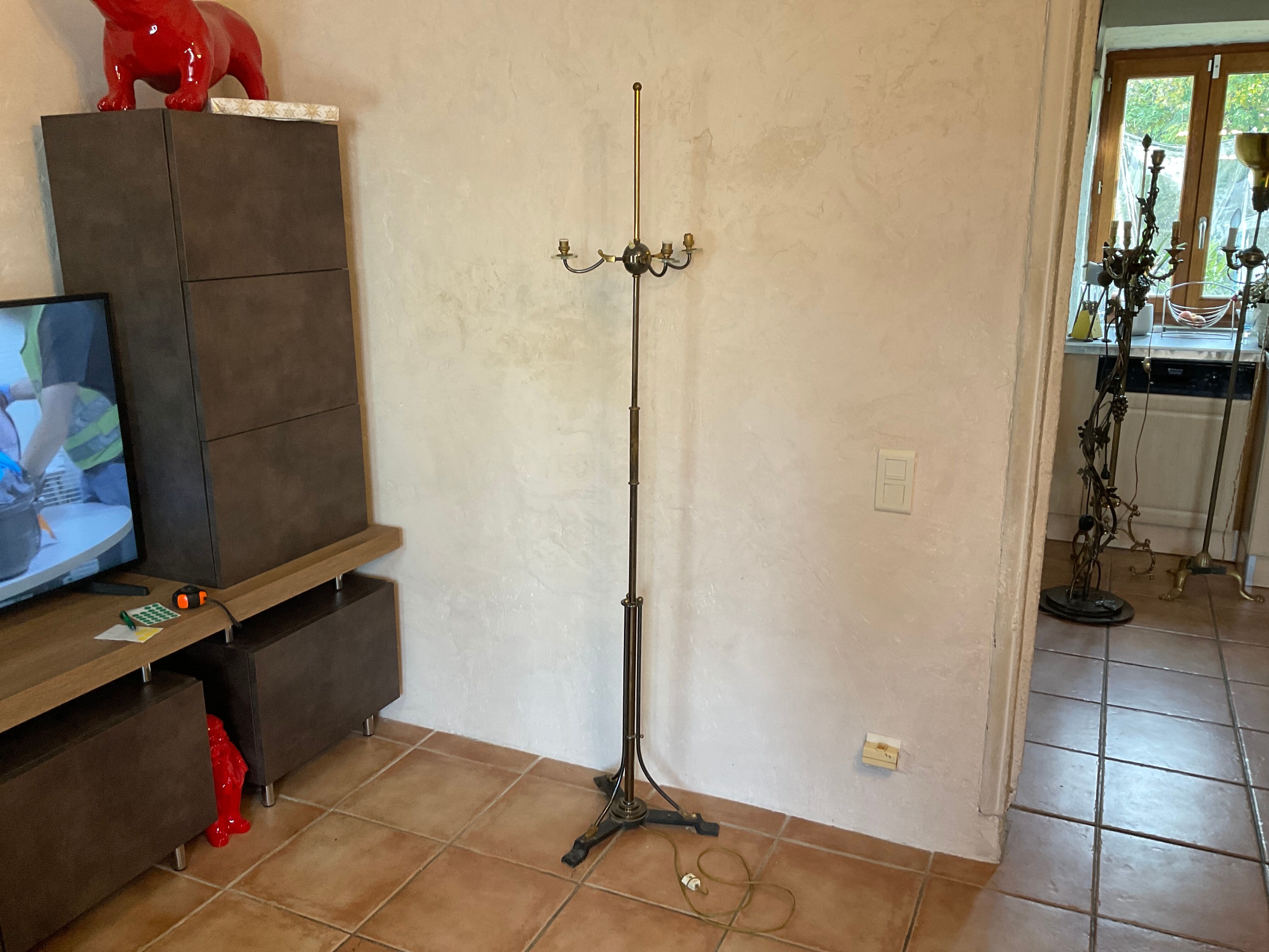 Lampadaire design bronze ,laqué noir et coupelle en verre