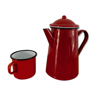 Cafetiére émaillé ibili + une tasse couleur rouge vintage