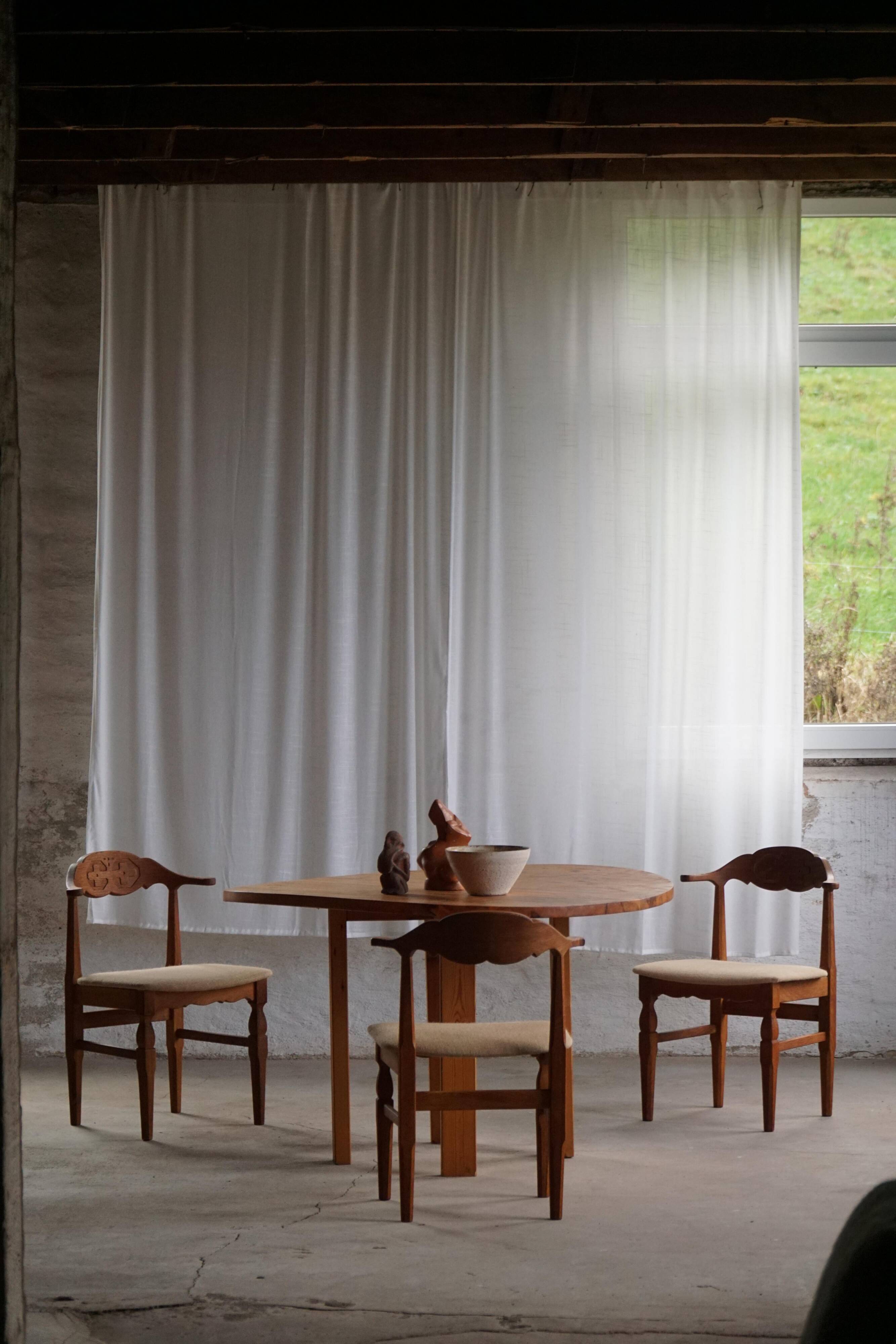 Henning Kjærnulf, set of 8 oak chairs with jute fabric, mid-century Danish, 1960s.