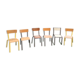 Set of 6 70s school chairs in different patinas and models