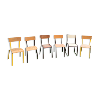 Set of 6 70s school chairs in different patinas and models