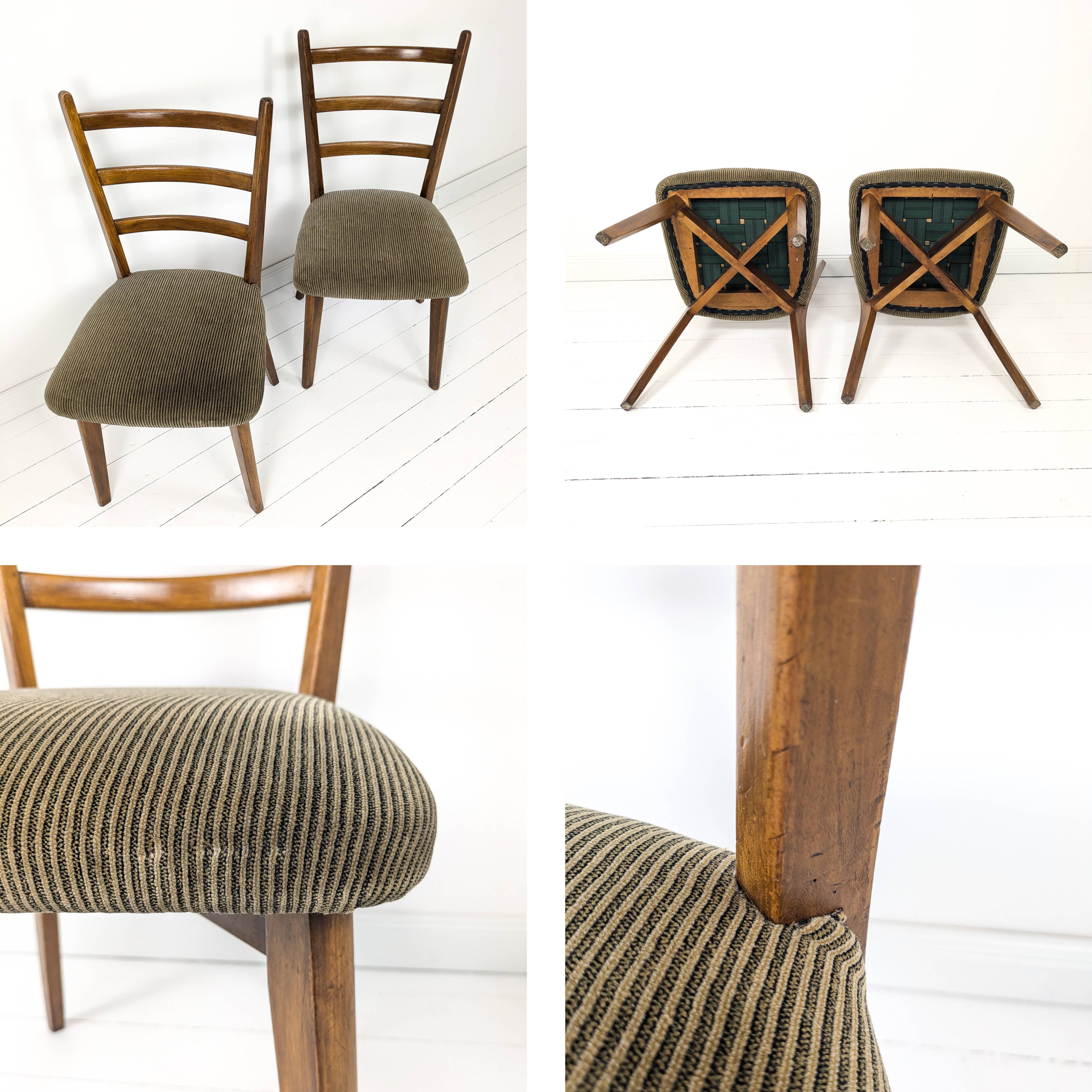 Paire de chaises vintage bois dossier barreaux, assise tissu, style 60s