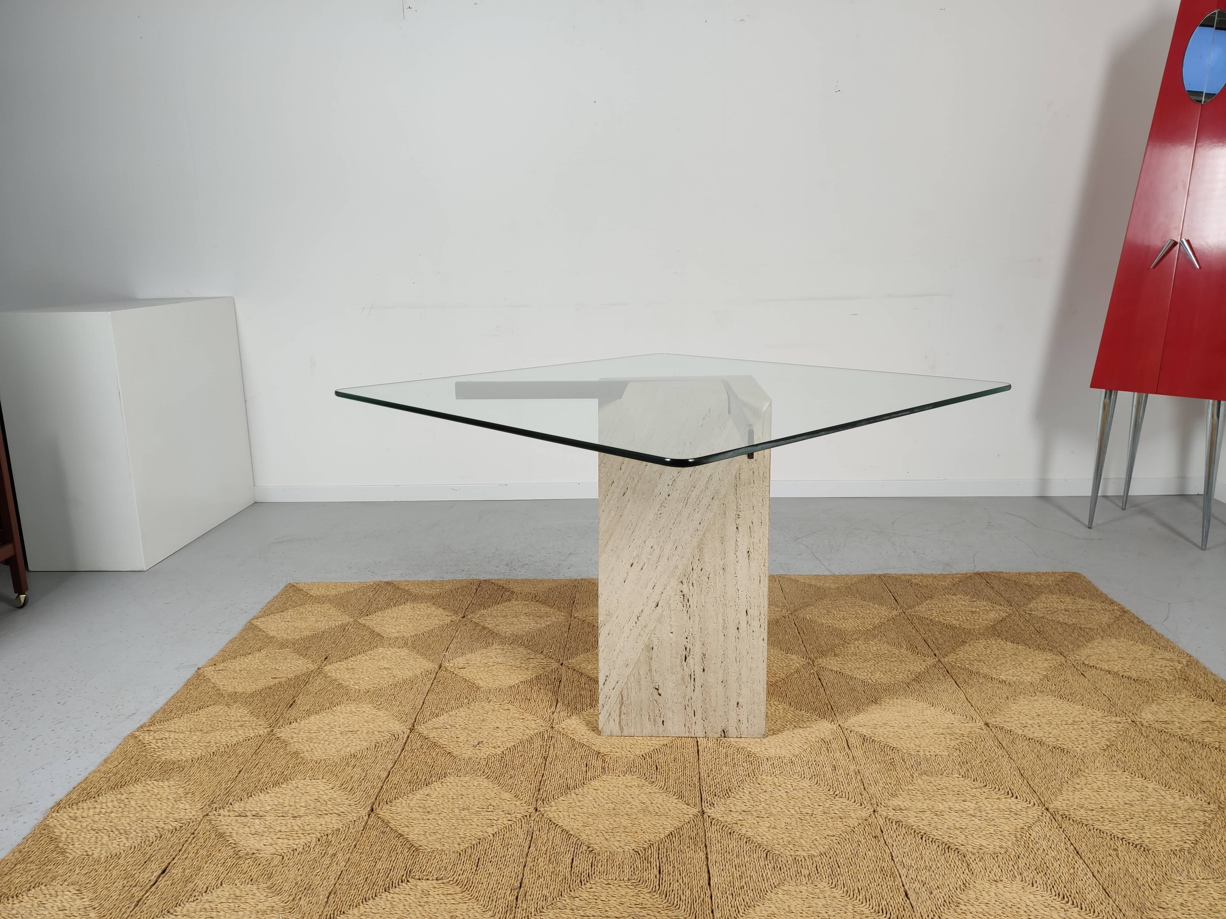 square dining table in travertine and glass , 80s