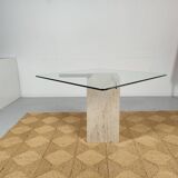 square dining table in travertine and glass , 80s