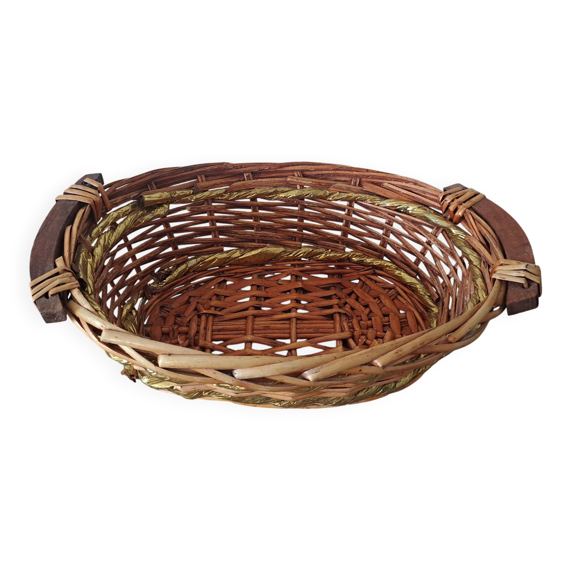 Vintage round woven wicker basket with wooden handles