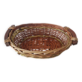 Vintage round woven wicker basket with wooden handles