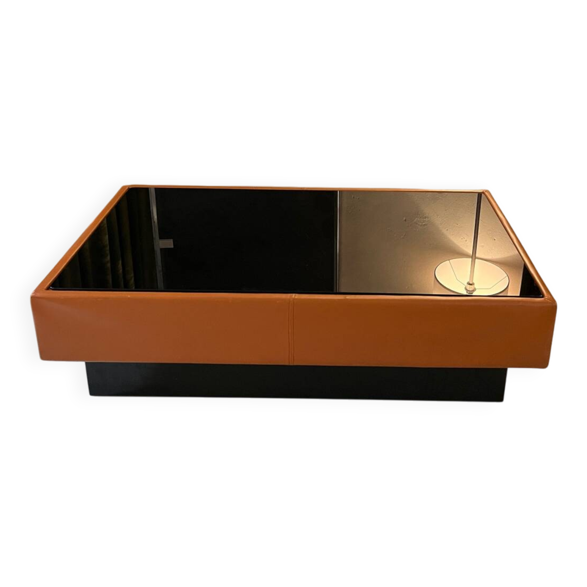 Caramel leather and black glass coffee table