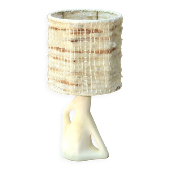 White ceramic lamp with wool lampshade, 1950s