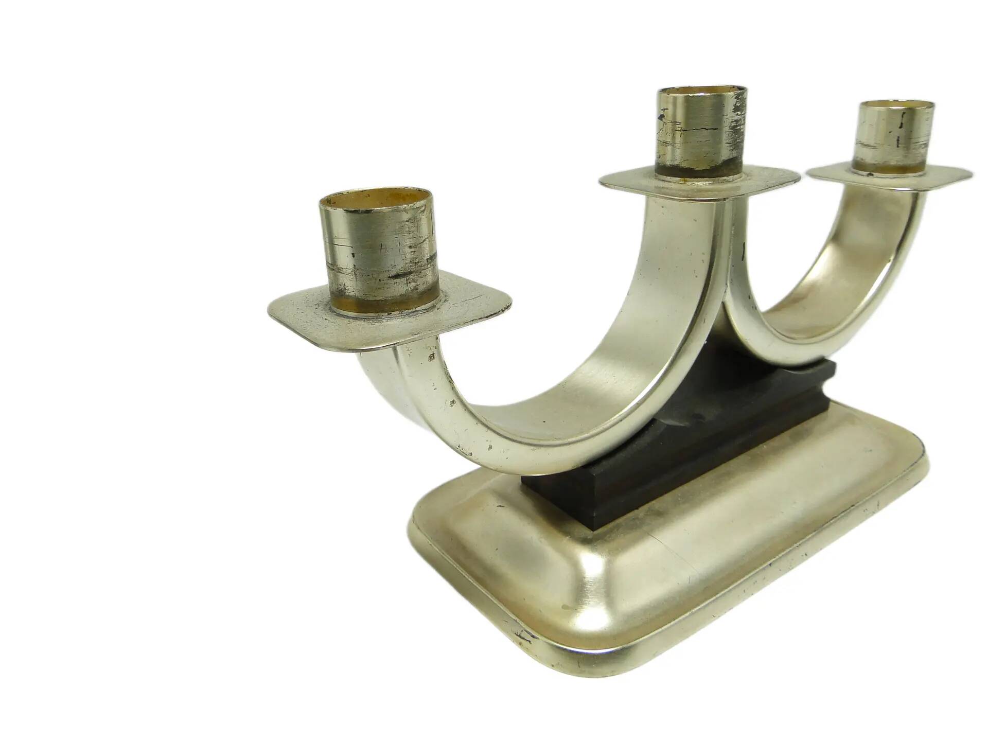 Three-armed candlestick, Art Deco, silver-plated brass, Quist, Germany, 1950s