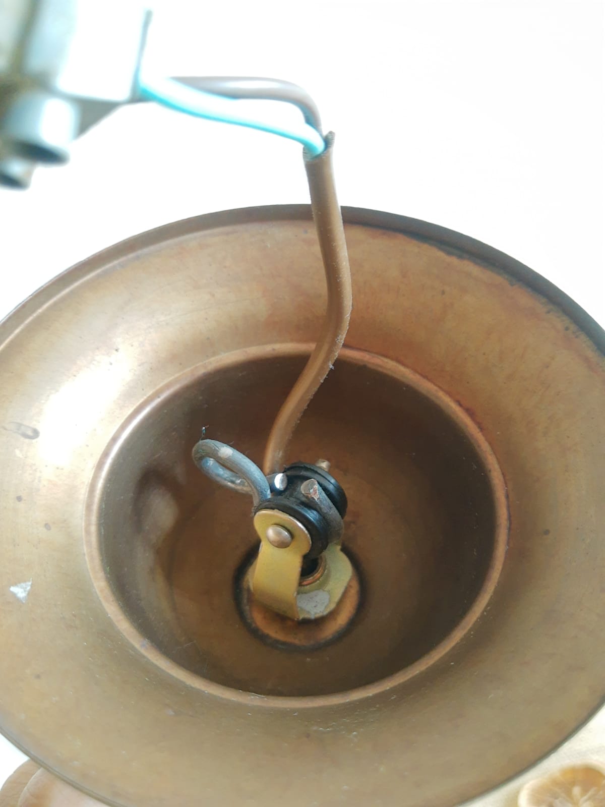 Pair of frosted glass flower pendant lights with vintage wood and brass