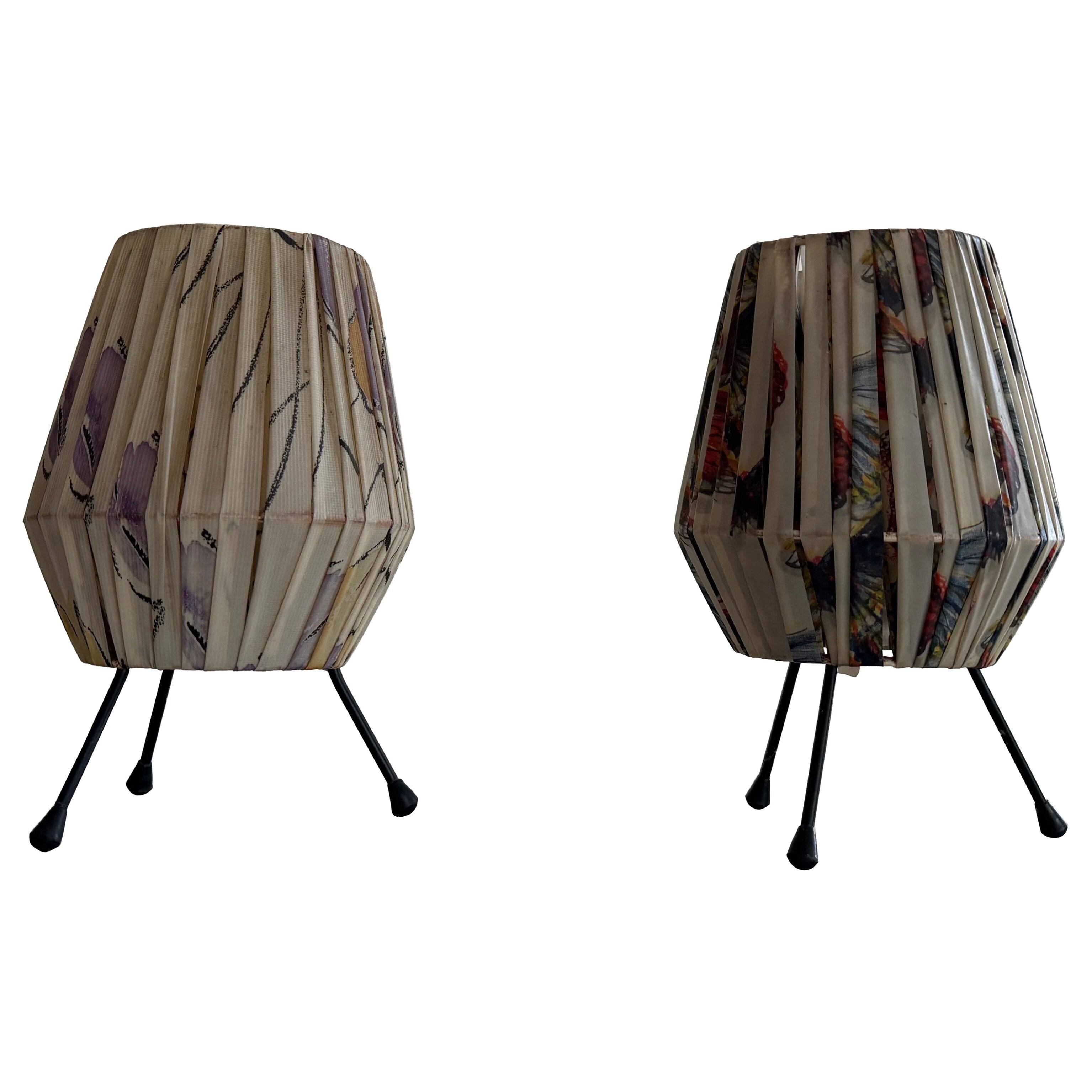 Pair of table lamps with plastic shades and tripod base, 1960s, Italy