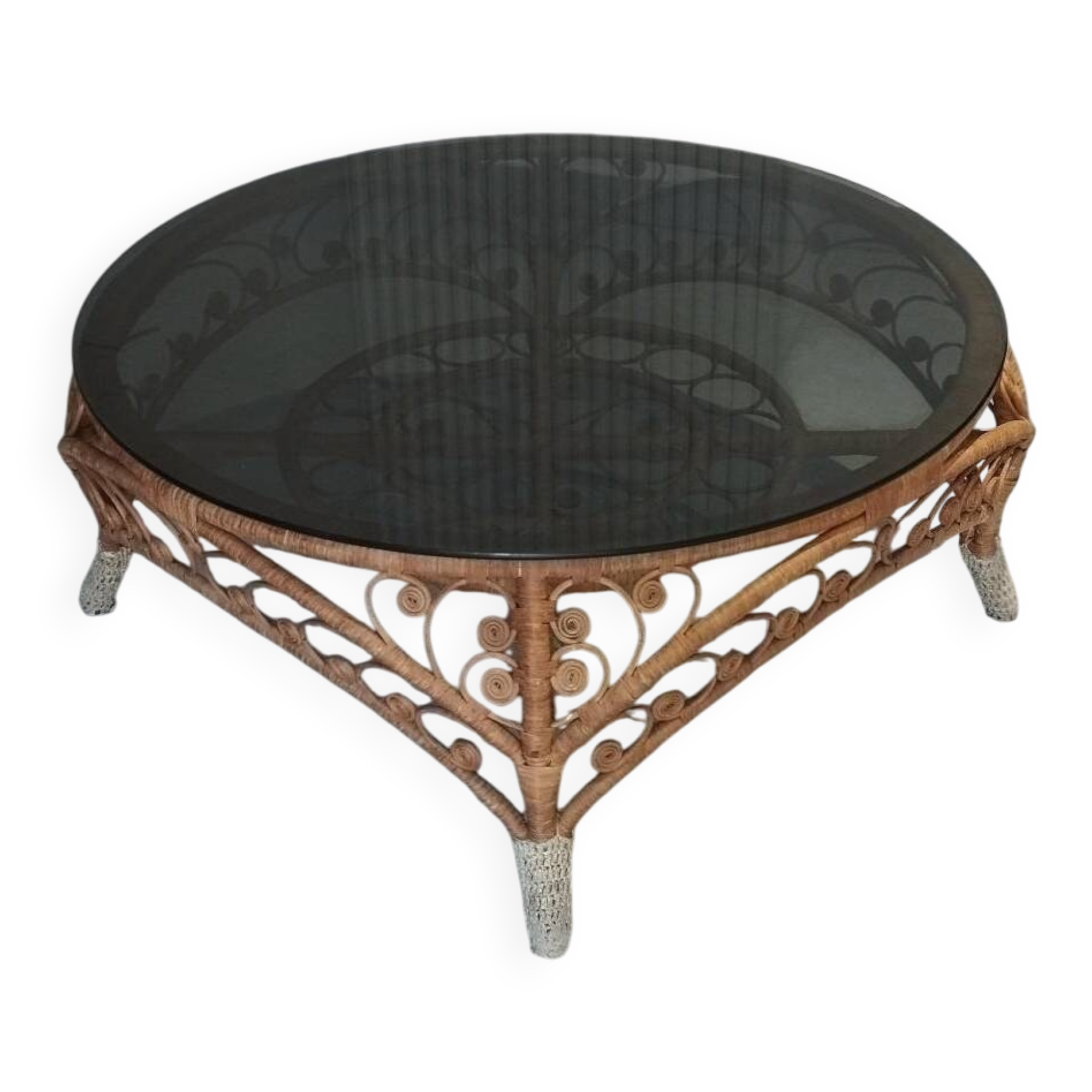 Large Peacock-French Riviera coffee table in rattan, bamboo, glass, vintage.