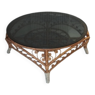 Large Peacock-French Riviera coffee table in rattan, bamboo, glass, vintage.