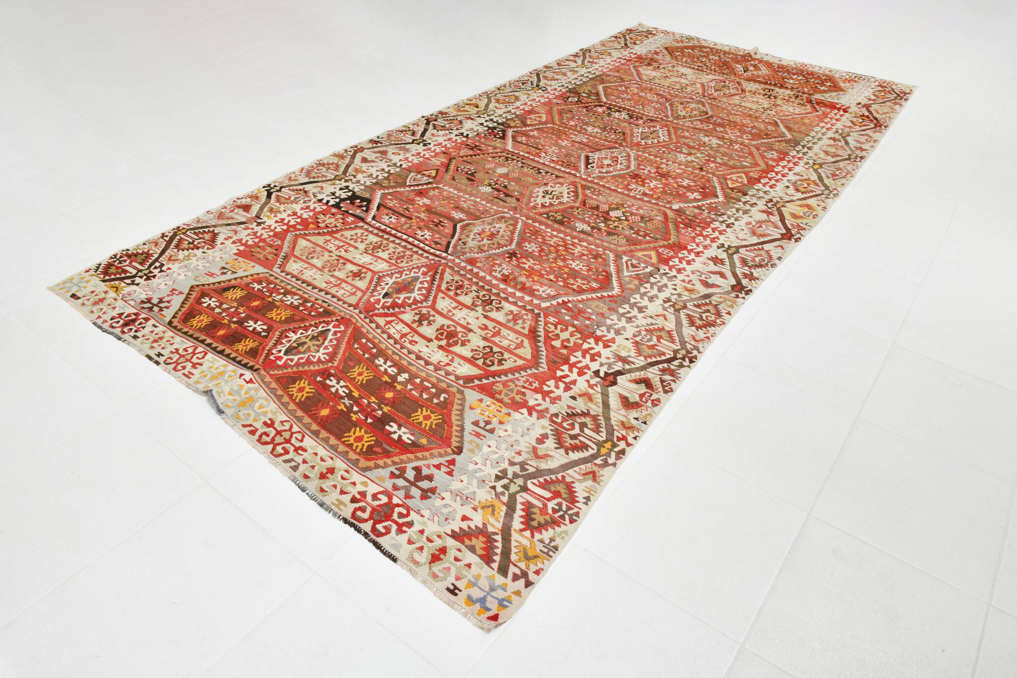 6x13 Beige & Red Wool Kilim Rug, 193x406Cm