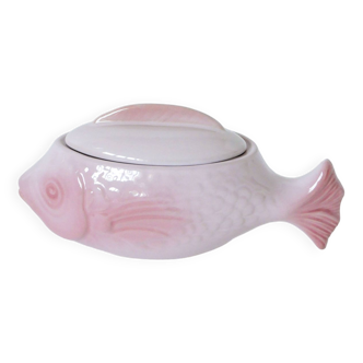 Pink slip gravy boat, “Fish” model, Pornic “Mélusine” earthenware, 1970