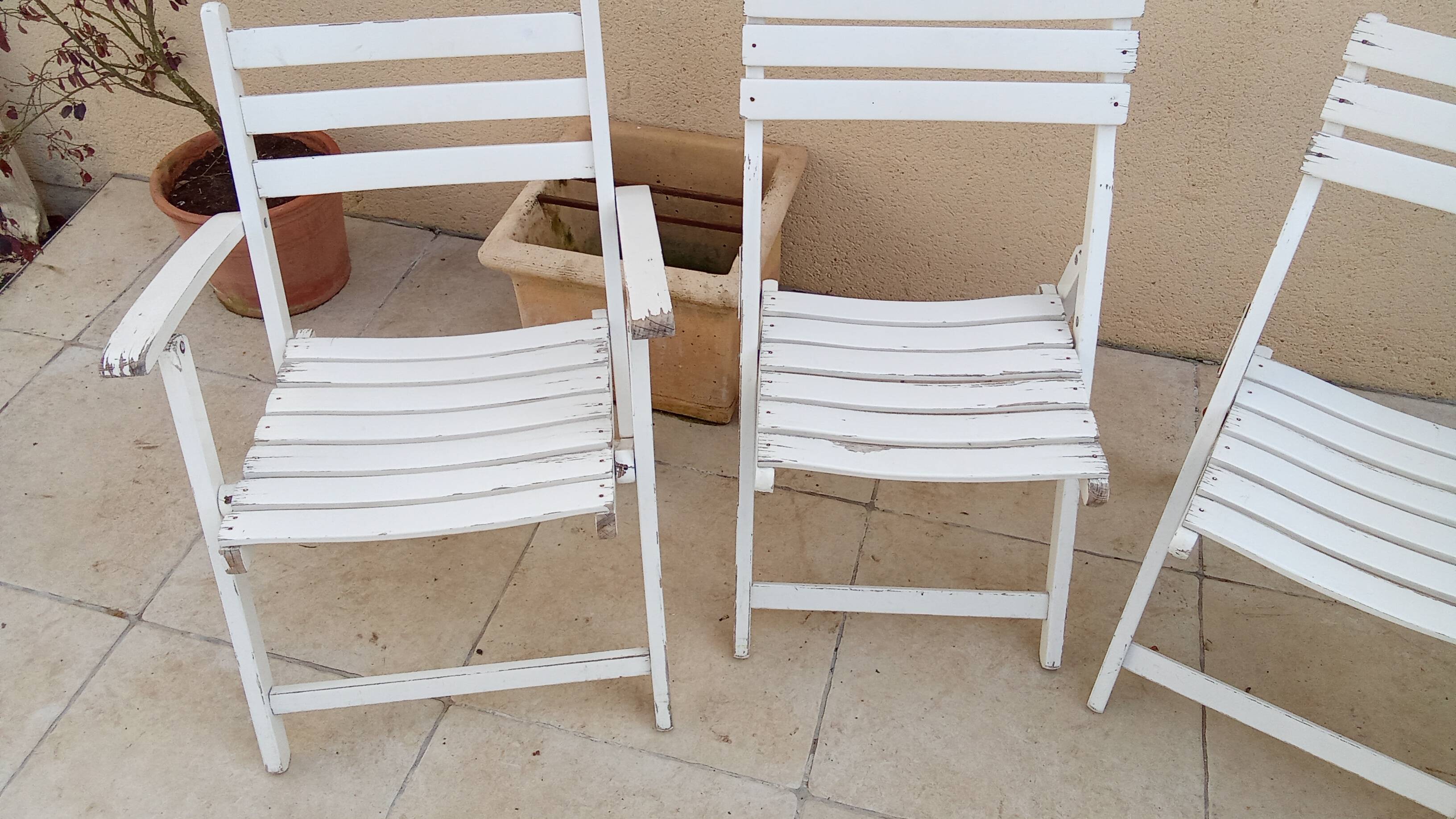 2 chairs and 2 vintage wooden garden lounge armchairs dejou