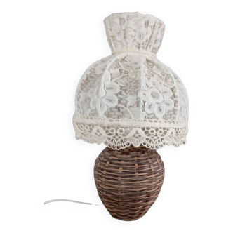 Wicker bedside lamp, Vintage lace lampshade