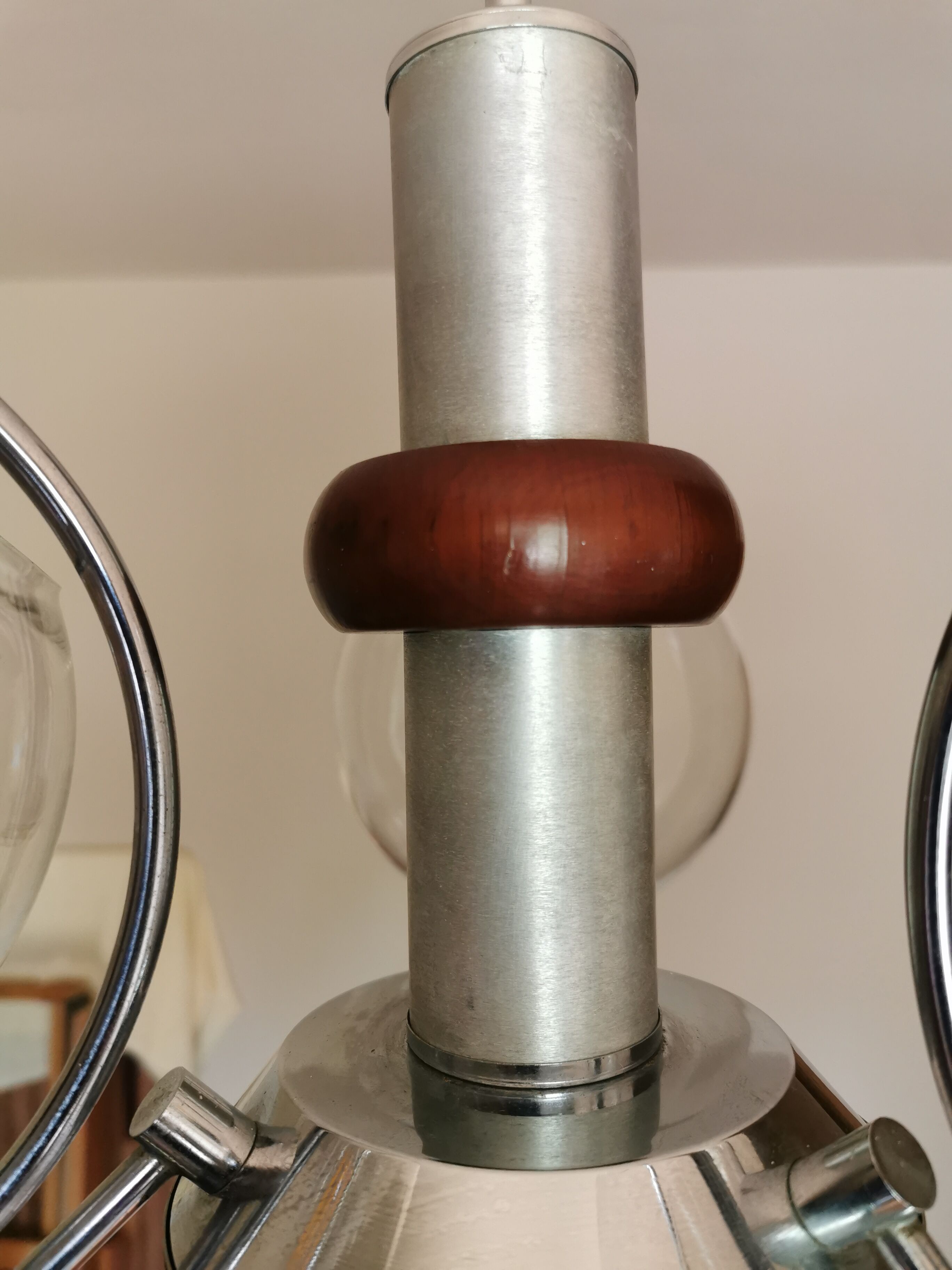 Vintage chrome metal chandelier, wood and 3 glass globes