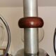 Vintage chrome metal chandelier, wood and 3 glass globes