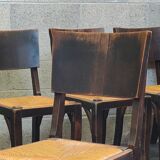 Suite of 6 chairs brutalist style straw and solid oak