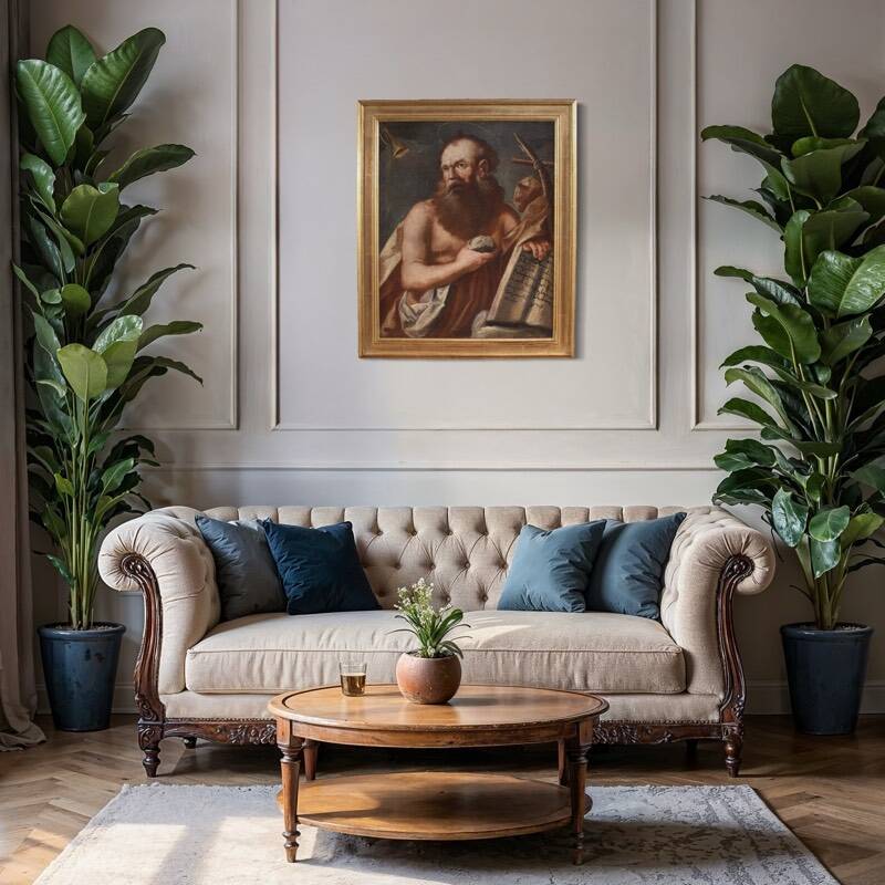 Antique religious painting from the 17th century, Penitent Saint Jerome