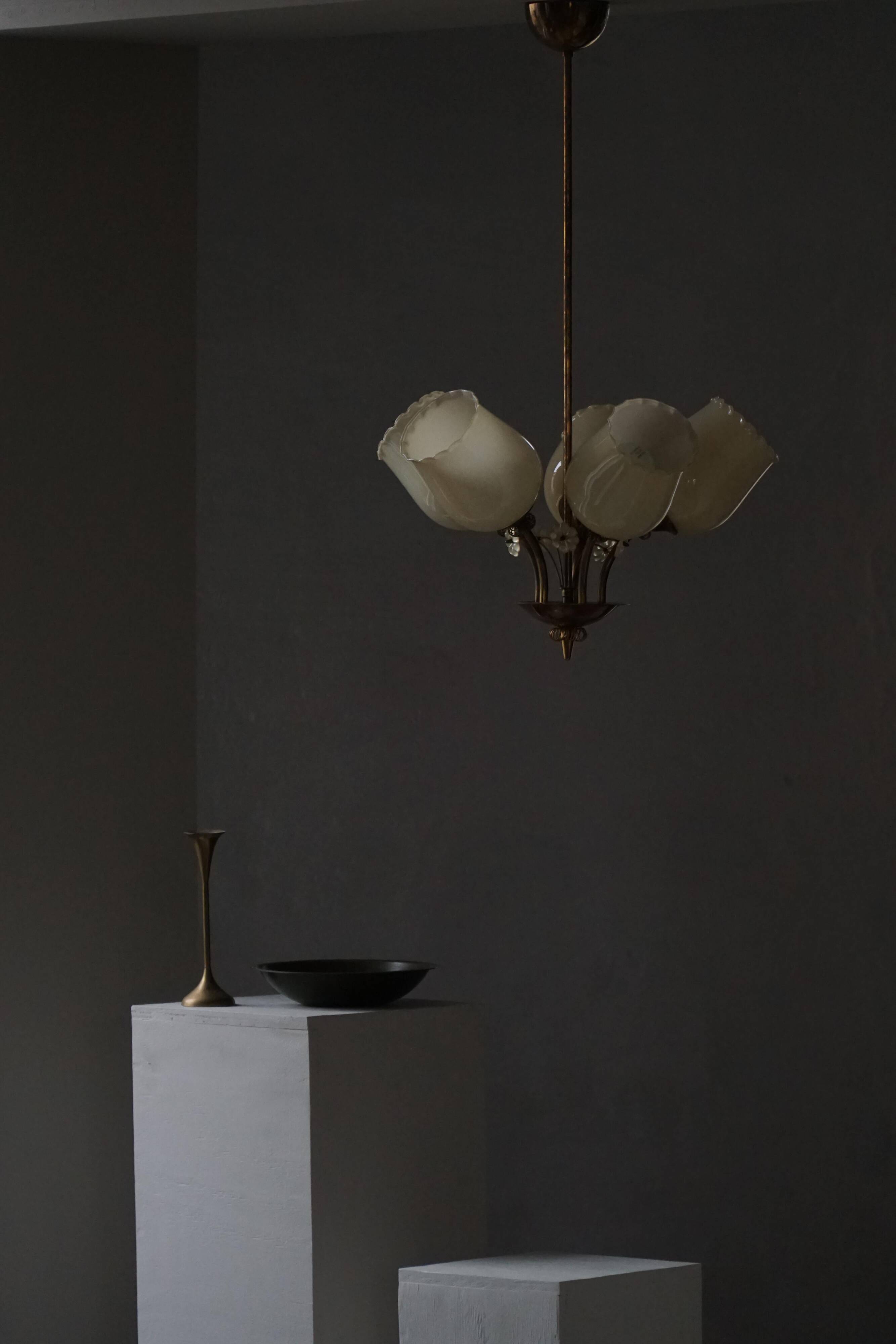 Brass and Glass Mid-Century Chandelier by Itsu, Finland, 1950s