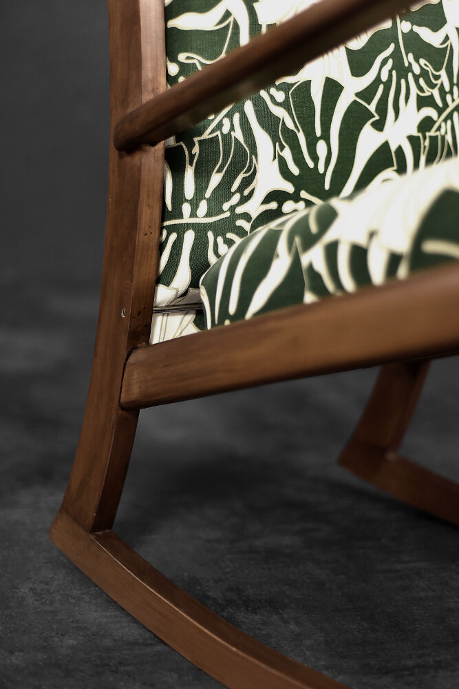 Vintage Mid-Century Danish Modern Rocking Chair in Wood and Monstera Leaf Pattern Fabric, 1960s