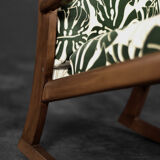 Vintage Mid-Century Danish Modern Rocking Chair in Wood and Monstera Leaf Pattern Fabric, 1960s